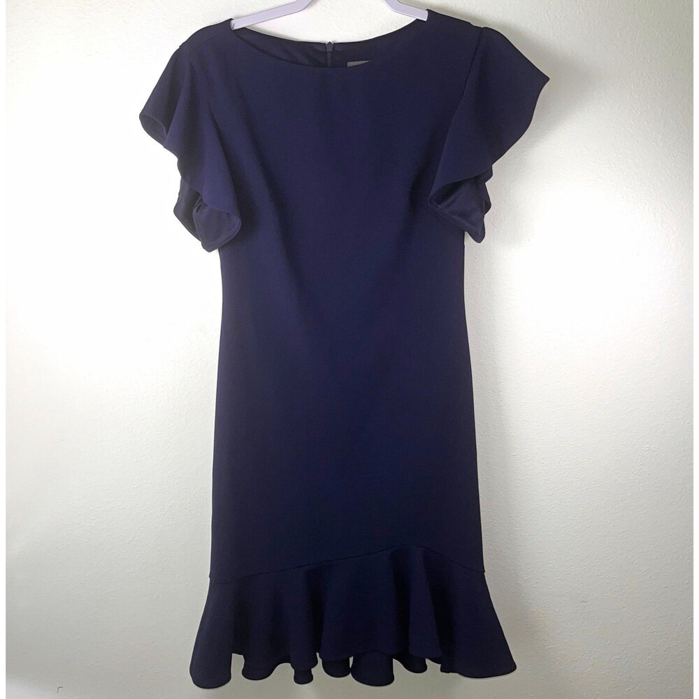 Vince Camuto Navy Blue Flutter Sleeve Ruffle Sheath Knee Length Dress Size 2
